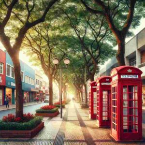 Londrina, com as icônicas cabines telefônicas vermelhas ao longo de uma calçada arborizada. A imagem destaca o charme único dessas cabines, inspiradas no estilo britânico, em um cenário urbano vibrante e acolhedor.